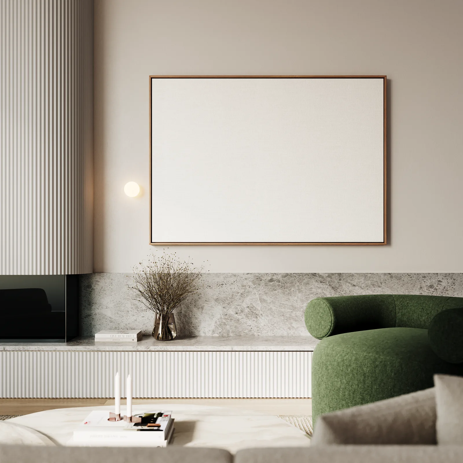 Karmozijnrode verfvlakken boven een turquoise strook in een kamer